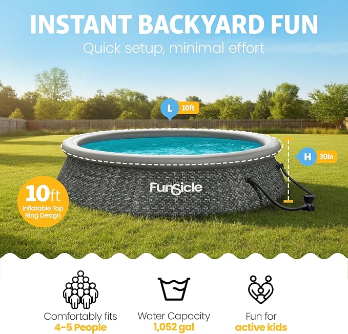 Funsicle Quickset Designer 10' x 30" Round Above Ground Swimming Pool, with FiltraBoost 400 GPH Filter Pump, Type I Filter Cartridge & Repair Patch, Dark Herringbone