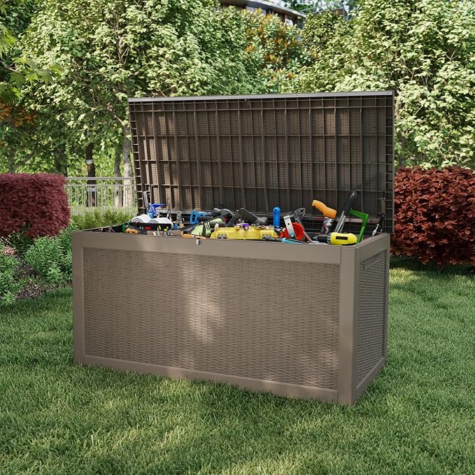 310 Gallon Lockable Outdoor Storage Box – Waterproof Resin Deck Box for Patio Furniture, Garden Tools, Pool Accessories (Gray)