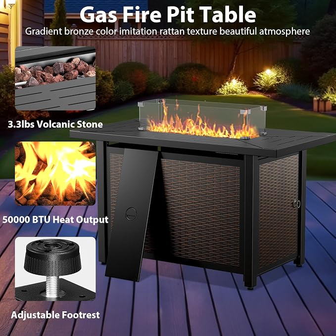 7 Piece Patio Furniture Set with Fire Pit Table - Wicker Patio Conversation Set with Swivel Glider, 3 Seat Sofa, Side Table and 2 Ottomans for Deck Backyard - Black Wicker Beige Cushion