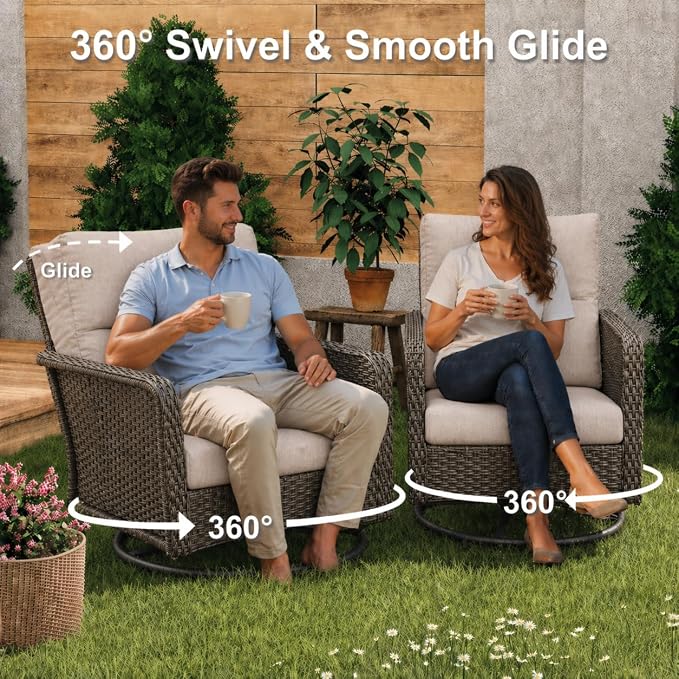 XIAO WEI 9-Piece Outdoor Furniture Set with Fire Pit Table, Wicker Patio Conversation Set with Cushions & Swivel Glide Chairs, All-Weather Patio Furniture Set for Backyard, Garden, Deck (Beige)