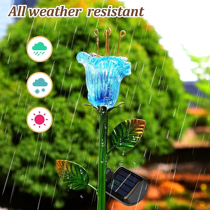 VChymm Solar Lights Outdoor Decorative Flowers 2 Pack, Blue Glass Lily Flower Lights, Auto ON/OFF for Garden, Patio, Backyard