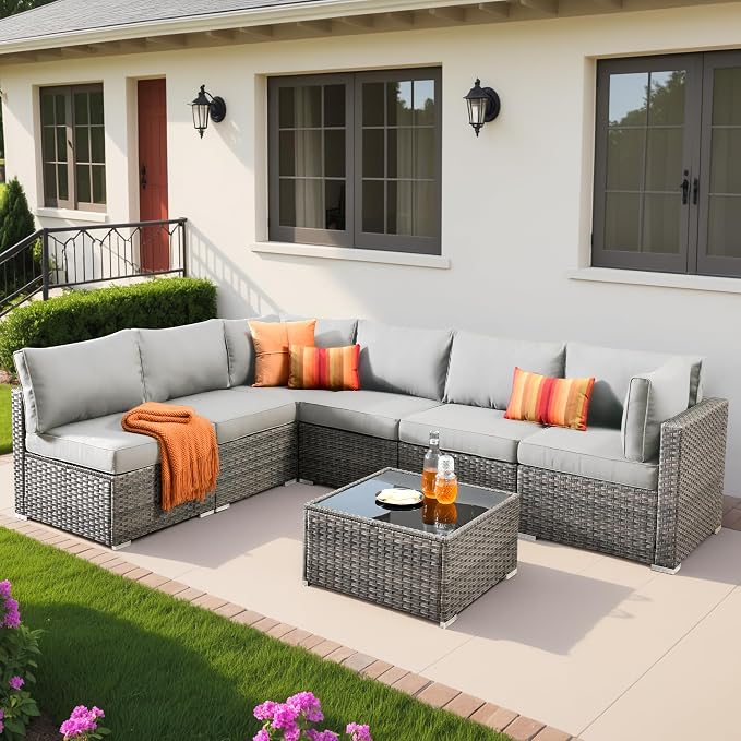 Weaxty 7 Pieces Outdoor Patio Furniture Set,Wicker Sectional Sofa Couch with Thicken Cushion and Glass Coffee Table,All Weather Rattan Patio Conversation Sets for Porch,Poolside,Backyard,Light Gray