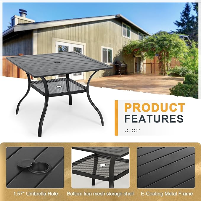 Crownland 5 Piece Patio Dining Set, Outdoor Textilene Dining Sets, 4 Textilene Metal Chairs and Square Outdoor Dining Table with Dark Blue 9FT Round Outdoor Umbrella (Brown)