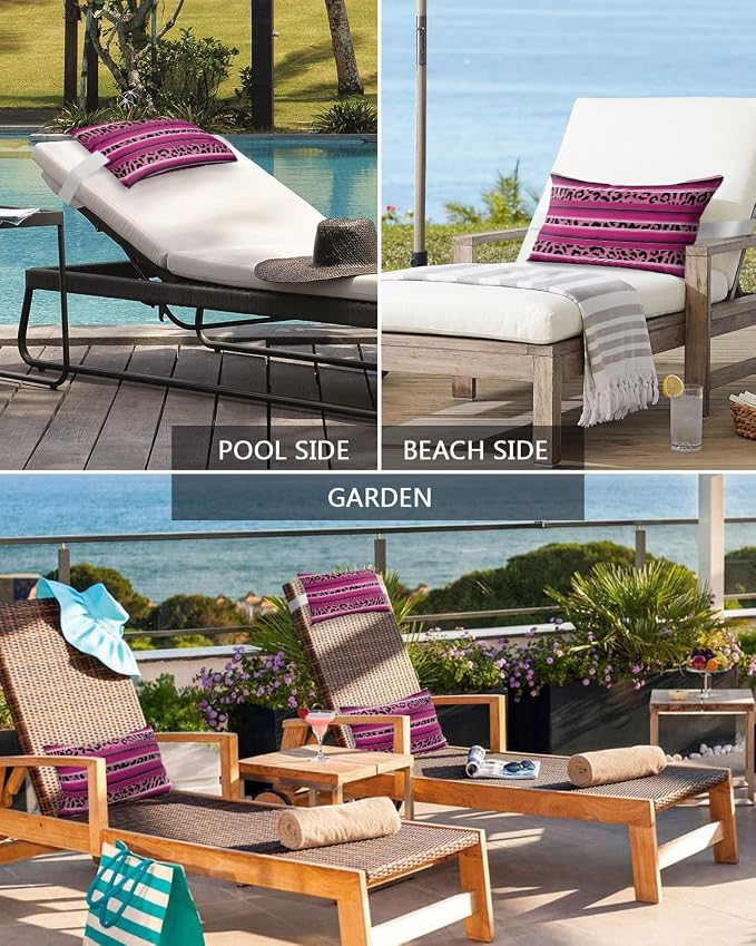 Outdoor Pillows Covers with Inserts Mexico Leopard Print Rose Red Waterproof Recliner Pillow with Adjustable Strap Throw Pillows for Patio Furniture Pool Lounge Chair, 11x16 inch, 1PCS