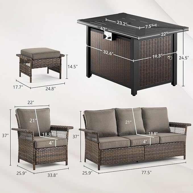 Patio Furniture Set with Fire Pit Table, 6PCS Patio Conversation Set Brown Resin Wicker Patio Chair Sofa Ottoman with 43in Rectangular Iron Outdoor Fire Table PE Rattan Furniture