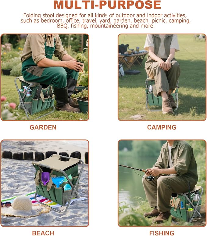 MDSTOP Folding Gardening Stool with Detachable Storage Tote Bag, Gardening Tools Set Organizer for Fishing Outdoor Sports Hiking Camping Garden, Gardening Gifts for Mom/Dad and Gardeners