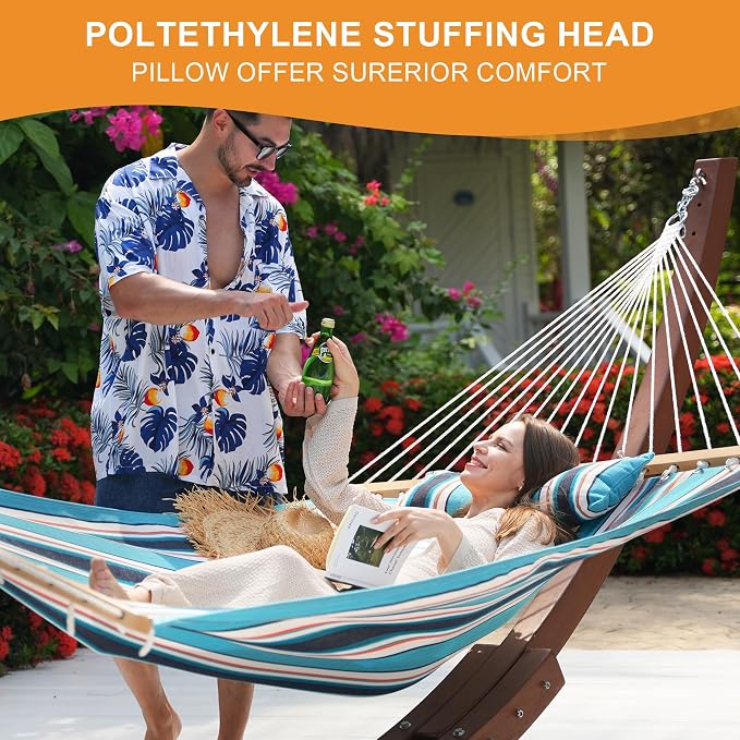 Lazy Daze Hammocks 12 FT Sunbrella Fabric Hammock Non-Fading with Spreader Bars and Free Pillow Fits for 2 Persons, All Weather and Fade Resistant for Patio Yard, 450 lbs Capacity, Token Surfside