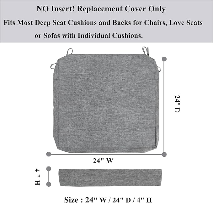 FUNHOME 2 Pack Outdoor Cushion Covers 24" x 24" x 4", No Insert! Water-Resistant Patio Chair Seat Cushion Covers with Zipper and Tie, Replacement Cover Only(Grey)