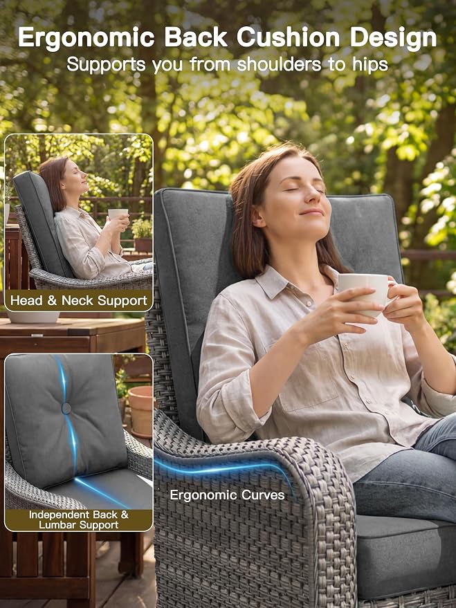 3-Piece Patio Furniture Set, Outdoor Swivel Rocking Chairs with 4" Thick Cushions & Side Table, All-Weather PE Rattan & Rust-Resistant Steel Frame Conversation Set for Porch, Garden, Charcoal Gray