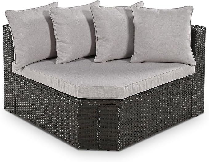 7-Piece Outdoor Wicker Sofa Set, Rattan Sofa Lounger with Striped Pillows, Gray Cushion, Conversation Sofa Set with Coffee Table, for Patio, Garden, Deck (Brown Wicker+Gray Cushion-@A)