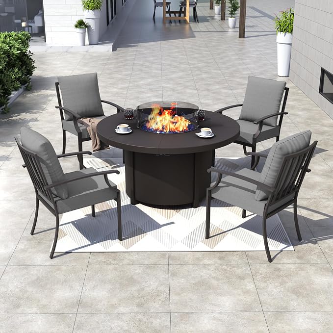 Kurapika 5 Piece Metal Outdoor Patio Furniture Set with Round Fire Pit Table, Patio Conversation Sets 4 Fixed Chairs with Thick Cushion and 40000 BTU Fire Pit Table, Grey