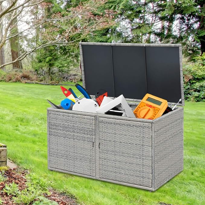 RELAX4LIFE PE Wicker Storage Box - Outdoor 88 Gallon 2-Tier Deck Box for Patio Furniture Toys Storage w/Lid & Front Doors, All Weather Rattan Storage Bin for Backyard Garden Poolside Porch (Grey)