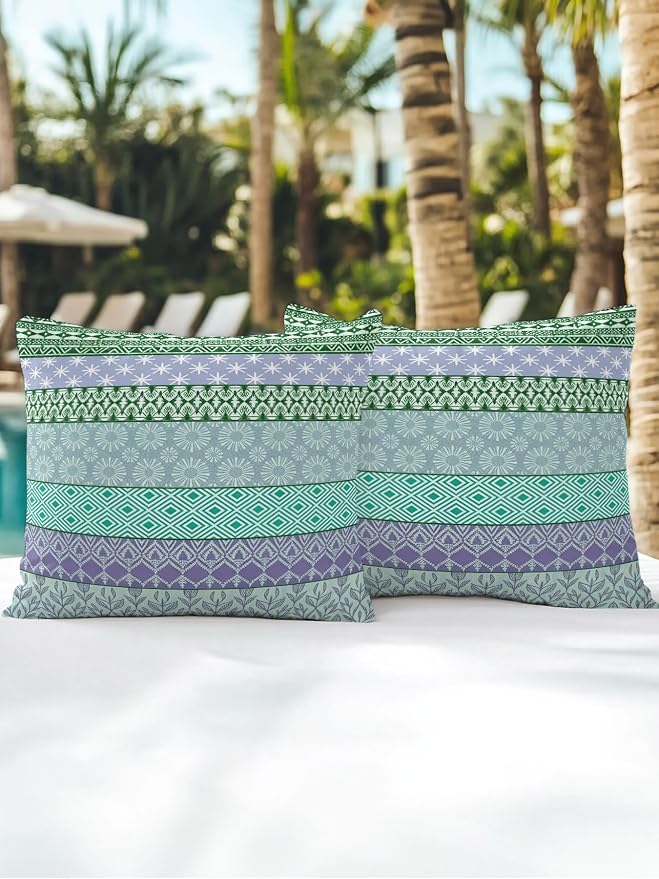 Waterproof Outdoor Pillow Set of 2 Turquoise Bohemian Decorative Throw Pillows Cover & Insert 16x16 Inch Pillowcase Boho Style Floral Leaves Geometric Pillows for Couch Sofa Bed Patio Furniture