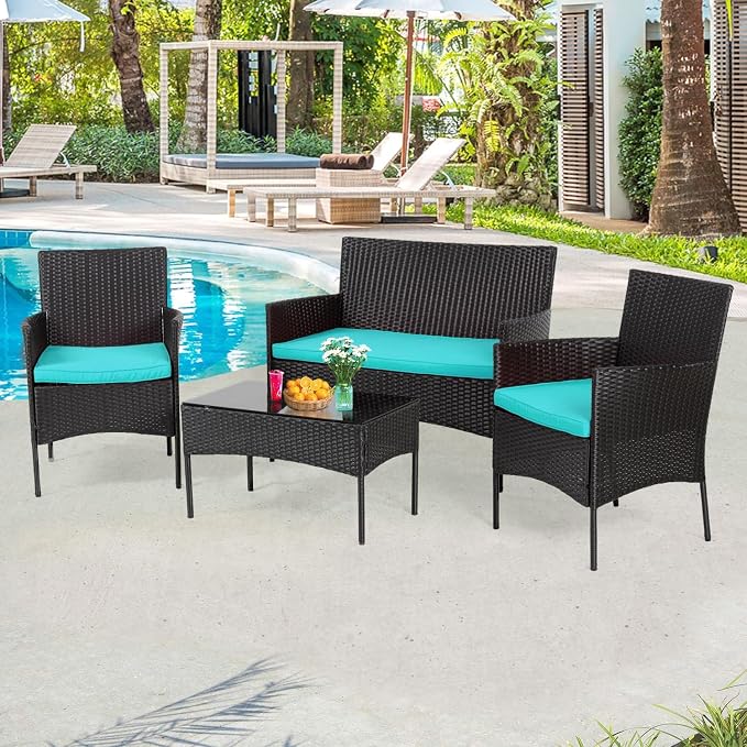 Generic 4 Pieces Outdoor Patio Wicker Furniture Sets Modern Rattan Bistro Set Outdoor Wicker Bistro Conversation Set with Loveseat & Padded Cushions Coffee Table for Home, Lawn and Balcony, Blue