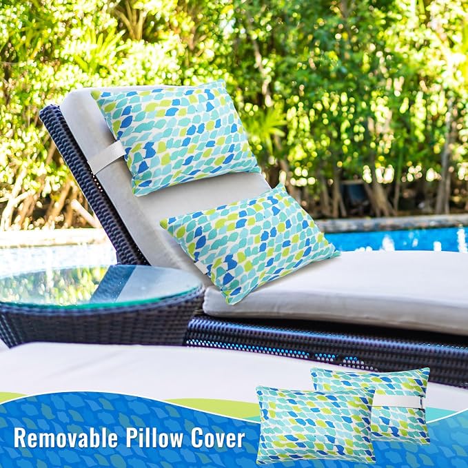 Juexica 2 Pack Chaise Lounge Pillow with Strap Outdoor Waterproof Beach Chair Neck Headrest Pillow Adjustable Elastic Band for Hammock Lumbar Recliner Pillows for Patio Pool Chair(Blue Green Pattern)