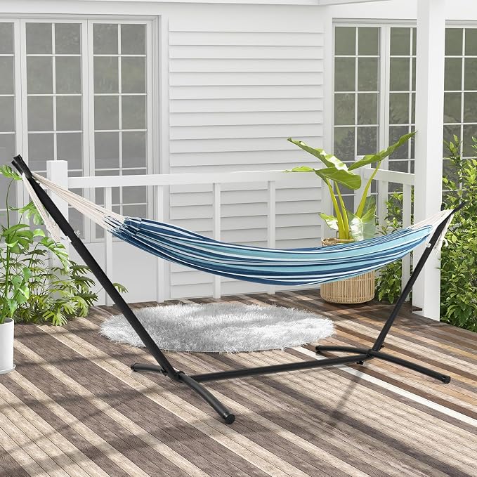 Giantex Hammock with Stand for Outside, 2-Person Double Hammock with Space Saving Metal Stand, Carrying Cases, Brazilian-Style Portable Hammock for Patio Garden Camping Lounging Outdoor & Indoor, Blue