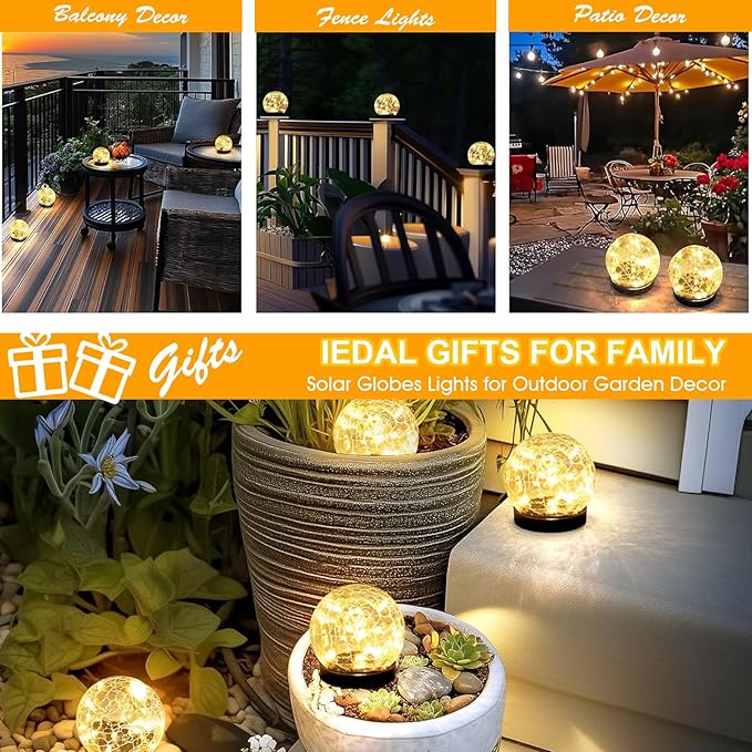 Solar Lights Outdoor Waterproof 30LEDS, 2 Pack Cracked Glass Solar Globe Lights Outdoor with Auto On/Off, Outside Decorations for Yard,Garden,Patio, Pathway,Landscape - Warm White