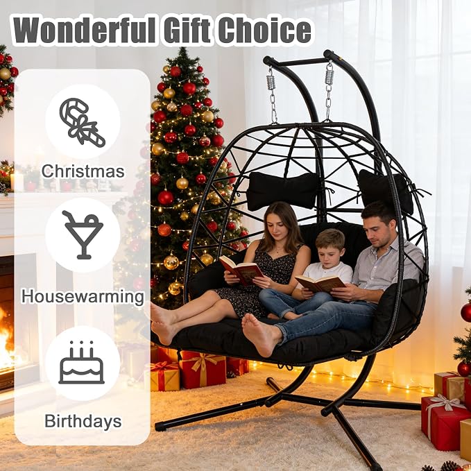 Double Egg Hammock Chair with Stand, Swing Egg Chair, Wicker Hanging Chair with Washable Cushion - Sturdy Metal Stand, 600lbs Capacity for Indoor Outdoor Patio Living Room Etc (Black+Black)
