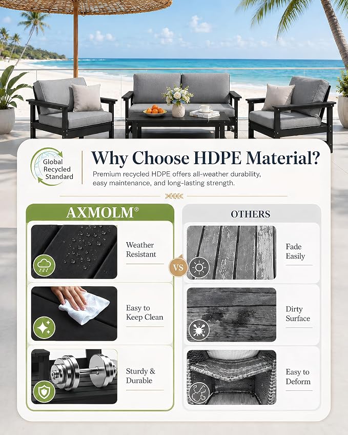 HDPE Outdoor Patio Furniture Set with Cushions, 9 Piece Patio Conversation Set Sofa Set,All Weather Outdoor Couch Set with Coffee Table for Lawn, Garden, Deck