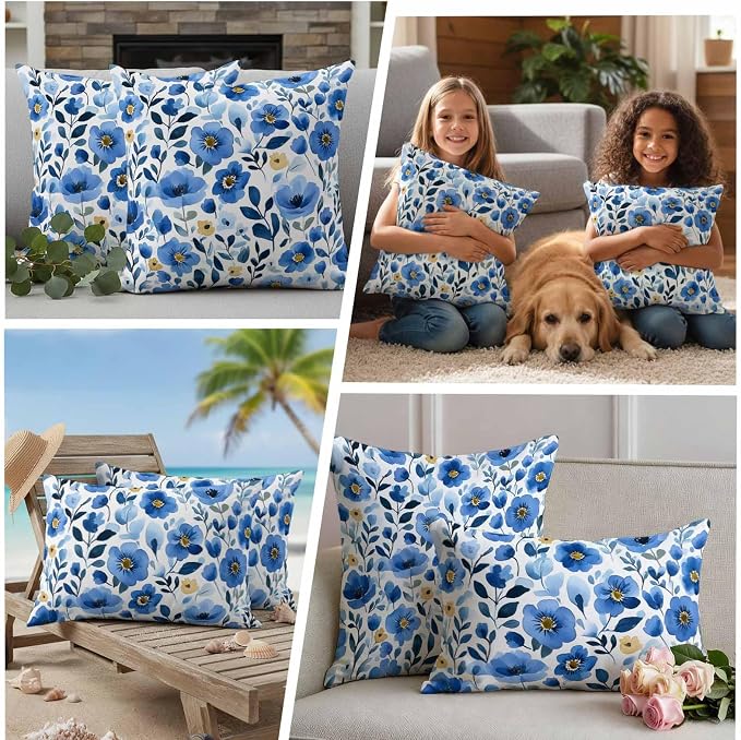Blue Flowers Outdoor Waterproof Throw Pillow Covers Set of 2, 26"x26", Summer Watercolor Retro Floral Decorative Pillow Covers Outside Cushion Case for Patio Porch Garden