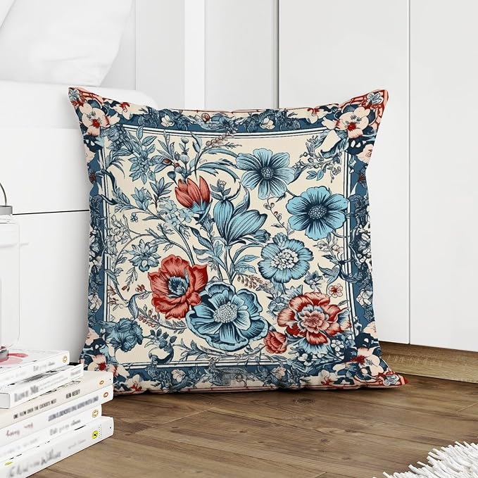 Chinoiserie Tree Peony Bird Cushion Cases Floral Coral Turquoise Navy Throw Pillow Cover Abstract Decorative Cushion Cases Home Decor for Couch Sofa Bedroom Car 22x22 in