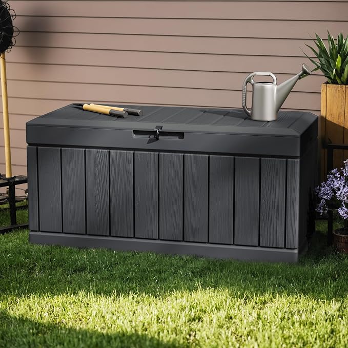 Greesum 82 Gallon Resin Deck Box All Weather Large Outdoor Storage for Patio Furniture, Toys, Garden Tools, Lockable, Dark Gray