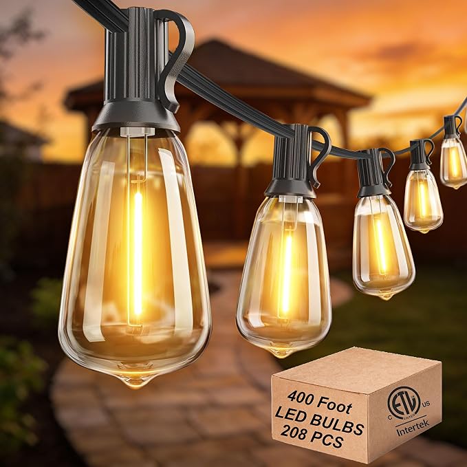Outdoor String Lights 400FT Waterproof Outside Lighting for Patio Backyard | 208 Shatteproof Dimmable ST38 Edison Bulbs, 4-Pack x 100FT Connectable Outdoor Lights for Porch Bistro Garden Gazebo Balcony
