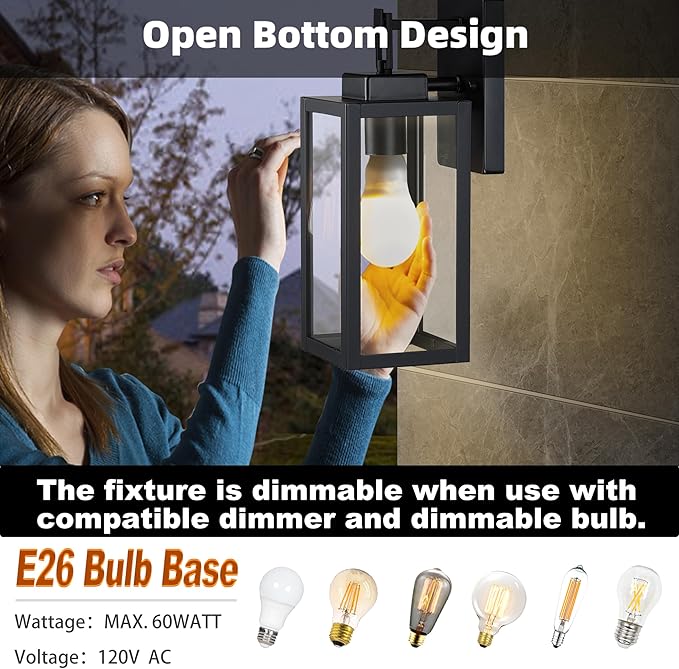 2 Pack Outdoor Sconce Lights-12 Inch Outdoor Wall Light,Exterior Sconce Steel and Glass Porch Light, Black Wall Lantern for Front Porch Garage Balcony