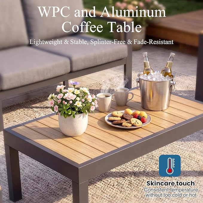 Aluminum Patio Furniture Set,Outdoor Sectional Sofa Set with Powder-Coated Frame, Weather Resistant Patio Conversation Set with Coffee Table, Removable Washable Cushions for Backyard Balcony Porch