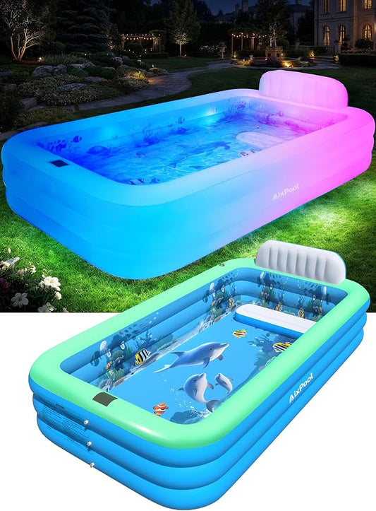 Extra Large Inflatable Pool With Lights,Upgraded Solar Powered Blow Up Pool For Adults,Inflatable Kids Swimming Pool with Seat& Backrest,Big Inflatable Kids Pool For Backyard,120x73x20IN-Green