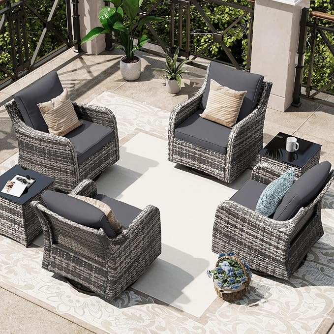 MEISSALIVVE Outdoor Patio Furniture Set with Swivel Chair, 6 Pieces Patio Conversation Set, Patio Sectional Furniture Set with 4 Swivel Rocker Patio Chair and 2 Side Table (Grey)