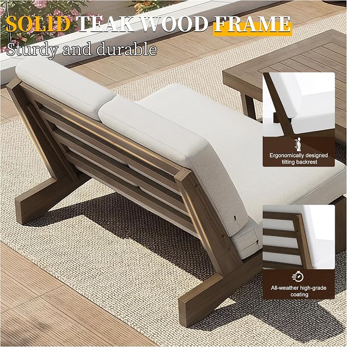 Outdoor Furniture Patio Couch, Weather Resistant Patio Loveseat Sofa Couch with Removable Cushion & Pillows, Teak Wood Frame for Porch & Backyard Seating - Beige