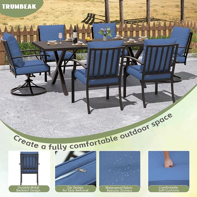 7-Piece Patio Dining Set Outdoor Conversation Set,Metal Outdoor Furniture Set with Umbrella Hole Cut-Out 78.7" x 35.4" Table and 6 Metal Chairs for Backyard,Garden,NavyBlue