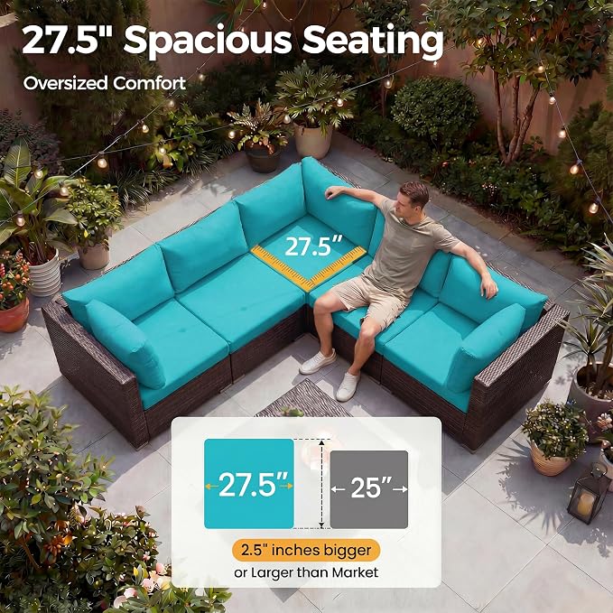 NICESOUL Modern Outdoor Couches with Firepit Table Propane/Natural Gas, 29.3'' High Back Comfy Conversation Set with Fireplace, 10 Seater Large Wide Patio Furniture Set, Brown Rattan and Teal Cushion