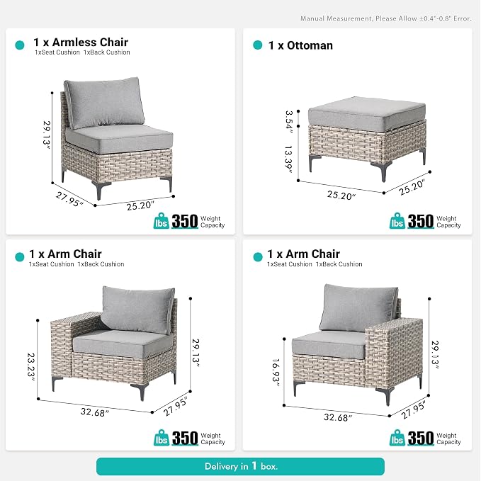 4 Pcs Patio Outdoor Furniture Set - All Weather Wicker Outdoor Sectional Sofa Couch with Ottoman,Patio Modular Rattan Conversation Set for Garden Deck Yard,Dark Grey
