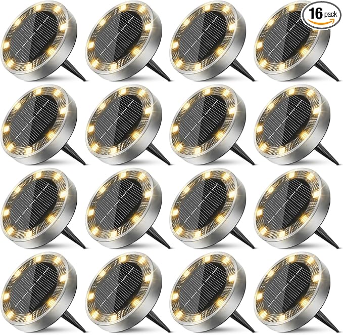 16 Pack Solar Ground Lights Outdoor, 8 LED Mini Flat Solar Disc Lights, IP65 Waterproof Pathway Lights Solar Powered, Landscape Lighting for Garden Walkway Driveway Yard Lawn,Warm White