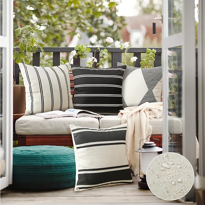 OTOSTAR Pack of 4 Outdoor Throw Pillow Covers 18x18 Inch Waterproof Modern Geometry Decorative Square Garden Cushion Cases/Shell for Couch Patio Furniture Tent Balcony (Black)