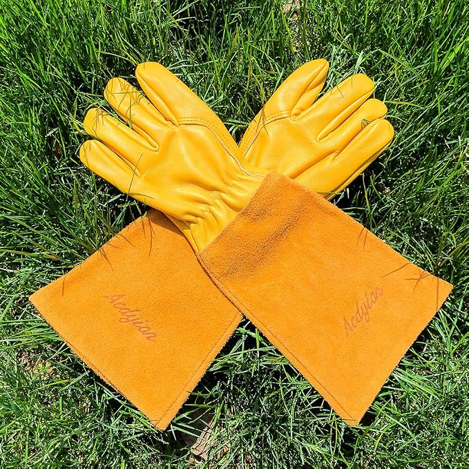 Acdyion Thorn Proof Gardening Gloves for Men & Women,yellow,Large | Long Puncture-resistant Cowhide Leather Gauntlets for Rose Pruning, Cacti, and Yard Work