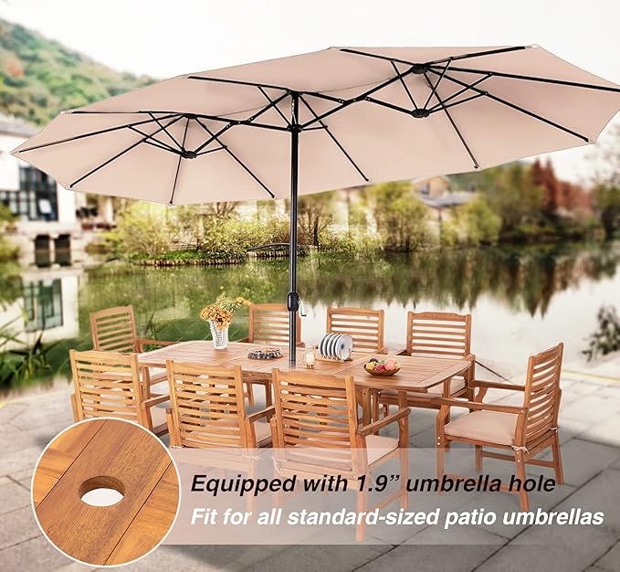 PHI VILLA 9 Pieces Acacia Wood Patio Dining Set for 8, Expandable Teak Dining Table & Wooden Chairs with Cushions, Farmhouse Dining Furniture Set for Outdoor Deck, Yard, Porch