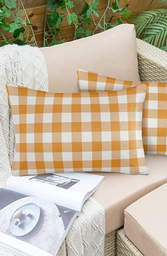 Outdoor Waterproof Throw Pillow Covers Set of 2 Orange Buffalo Check Plaid Lumbar Pillowcases 20x12 Inches Farmhouse Style Patio Decorative Pillows Cushion Case Patio Pillows for Couch Bed Garden