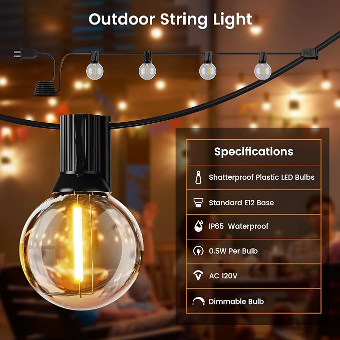 OHLUX Outdoor String Lights,110FT Dimmable Patio Lights with 58 Shatterproof 2200K LED G40 Bulbs(2 Spare),Waterproof Hanging Lights String for Outside Backyard Cafe Porch Deck Porch
