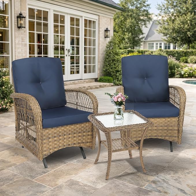 VIVIJASON 3-Piece Patio Bistro Glider Set, Outdoor Wicker Glider Rocking Chairs Set of 2 with Tempered Glass Side Table, Patio Rattan Furniture Set for for Backyard, Garden and Porch, Navy Blue