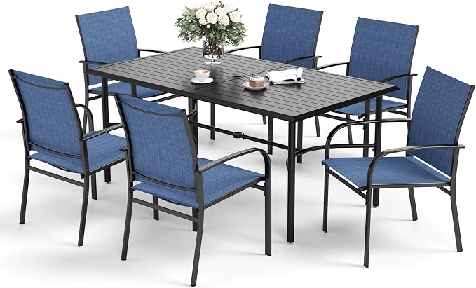 SUNSHINE VALLEY 7 Piece Patio Dining Set for 6, Rectangular Metal Dining Table with Umbrella Hole and 6 Textilene Chairs, Outdoor Table and Chairs Set for Lawn Backyard and Deck, Blue