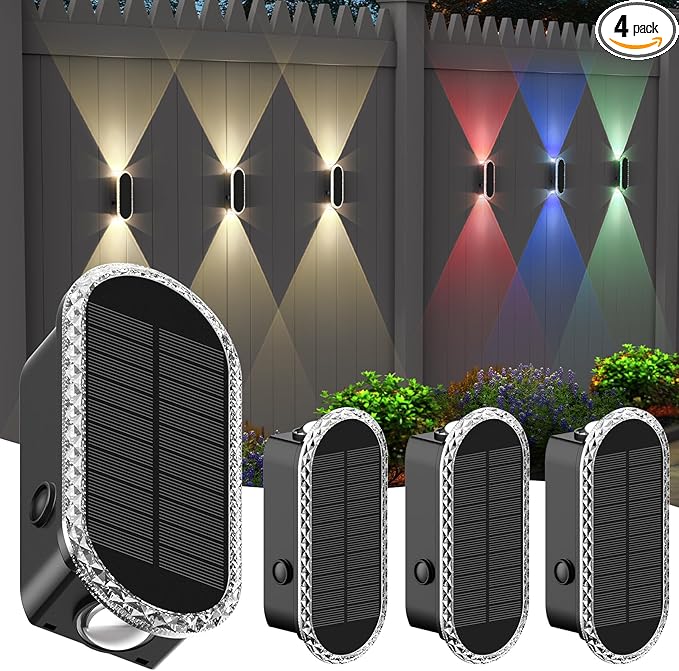 Herzila 4 Pack Solar Fence Lights, RGBW 8-Color Changing Waterproof Top and Bottom Lighting Wall for Landscape/Fence/Patio/Wall/Garden Christmas Solar Lights (2 Installation Modes)