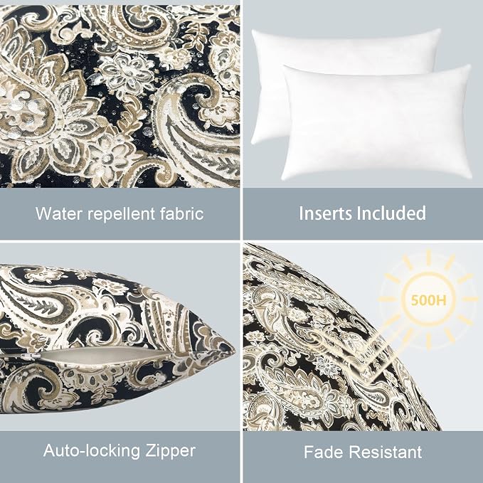 LVTXIII Outdoor/Indoor Lumbar Pillows, Decorative Patio Lumbar Cushions, Fluffy Fade Resistant Throw Pillow Cushions for Home Patio Coach Sofa, 12×20 Inch, Pack of 2, Paisley Black