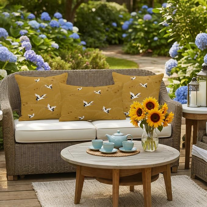 Japanese Style Outdoor Pillow Covers 18x18 Inch Throw Pillow Covers Set of 2 Waterproof Decorative Pillow Cases Vintage Art Cranes Ocean Wave Yellow Cushion Covers for Patio Furniture Garden Couch