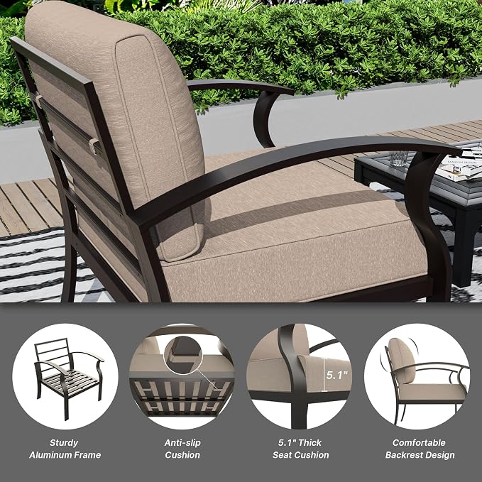 Gotland Aluminum Patio Furniture Set, Metal Outdoor Furniture with 2 Ottomans 5.1’’ High-Resilience Seat Cushions, 5 Piece Patio Set, Oversized Outdoor Sectional Patio Conversation Sets, Khaki