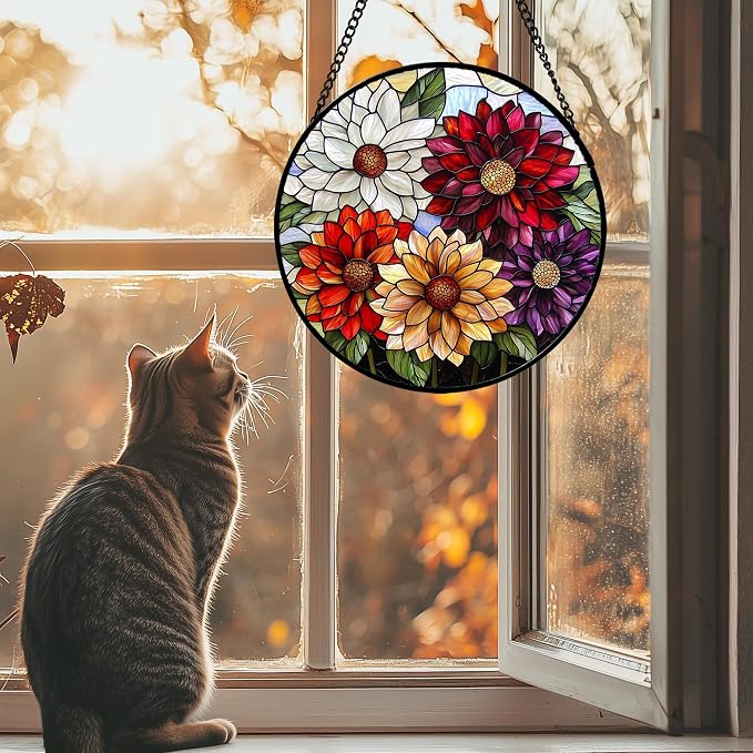 Stained Glass Window Hanging, Colorful Flowers Sun Catcher for Window Door Home Decor Plant Suncatcher Christmas Mother's Day Birthday Gifts for Women Men Mom and Nana 7.8 in