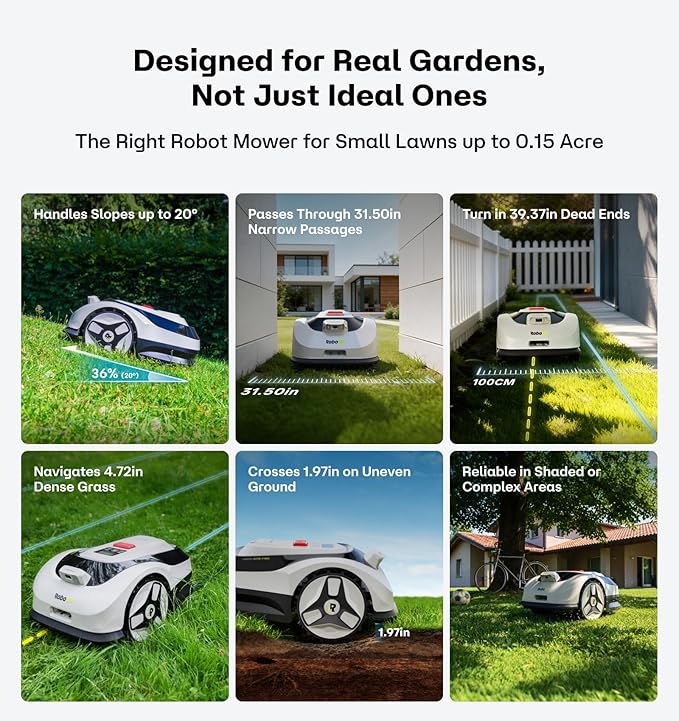Raccoon 2 SE Robot Lawn Mower with Replaceable Front Wheels, Auto Mapping Robotic Lawnmower for 0.15 Acre with APP Control, Vision Navigation, 20°Slope, Ideal Robot Mower for Small Lawns