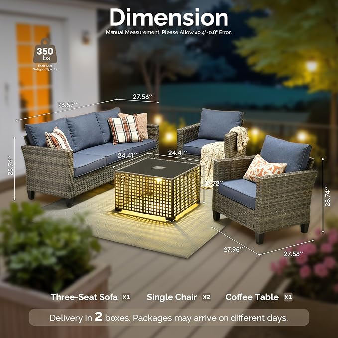 4 Piece Wicker Patio Furniture Set with Solar Table, Denim Blue | Outdoor Deep Seating Sofa Chair, Solar Lights Table, All Weather Rattan, Modern Conversation Set, Porch Deck Backyard